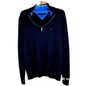 Tommy Hilfiger Navy Waffle Knit 1/4 Zip Pullover Sweater L Preppy Flag Logo